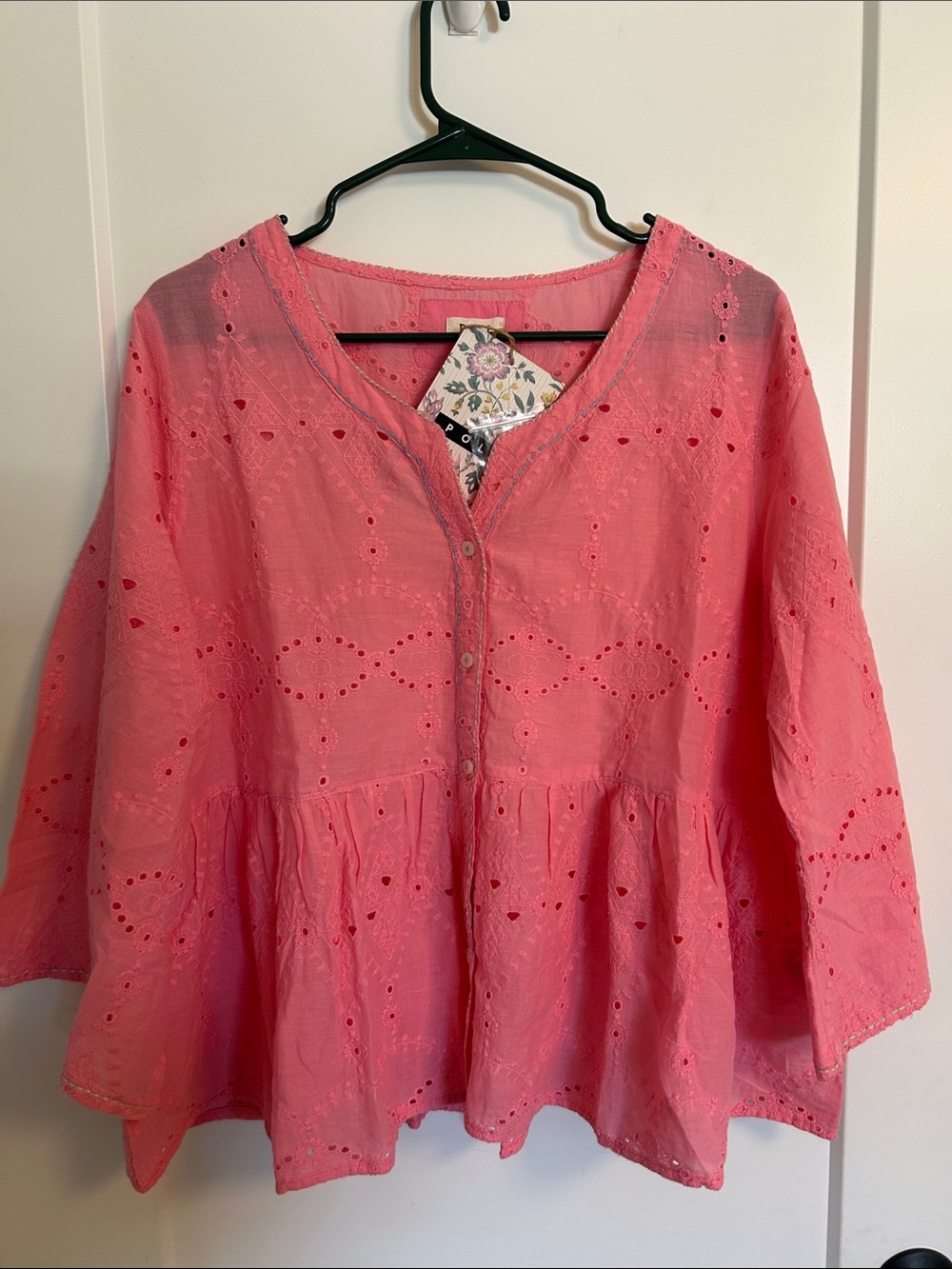 POL Bright Pink Eyelet Peplum Tunic